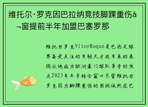 维托尔·罗克因巴拉纳竞技脚踝重伤冬窗提前半年加盟巴塞罗那 维托尔·罗克因巴拉纳竞技脚踝重伤冬窗提前半年加盟巴塞罗那